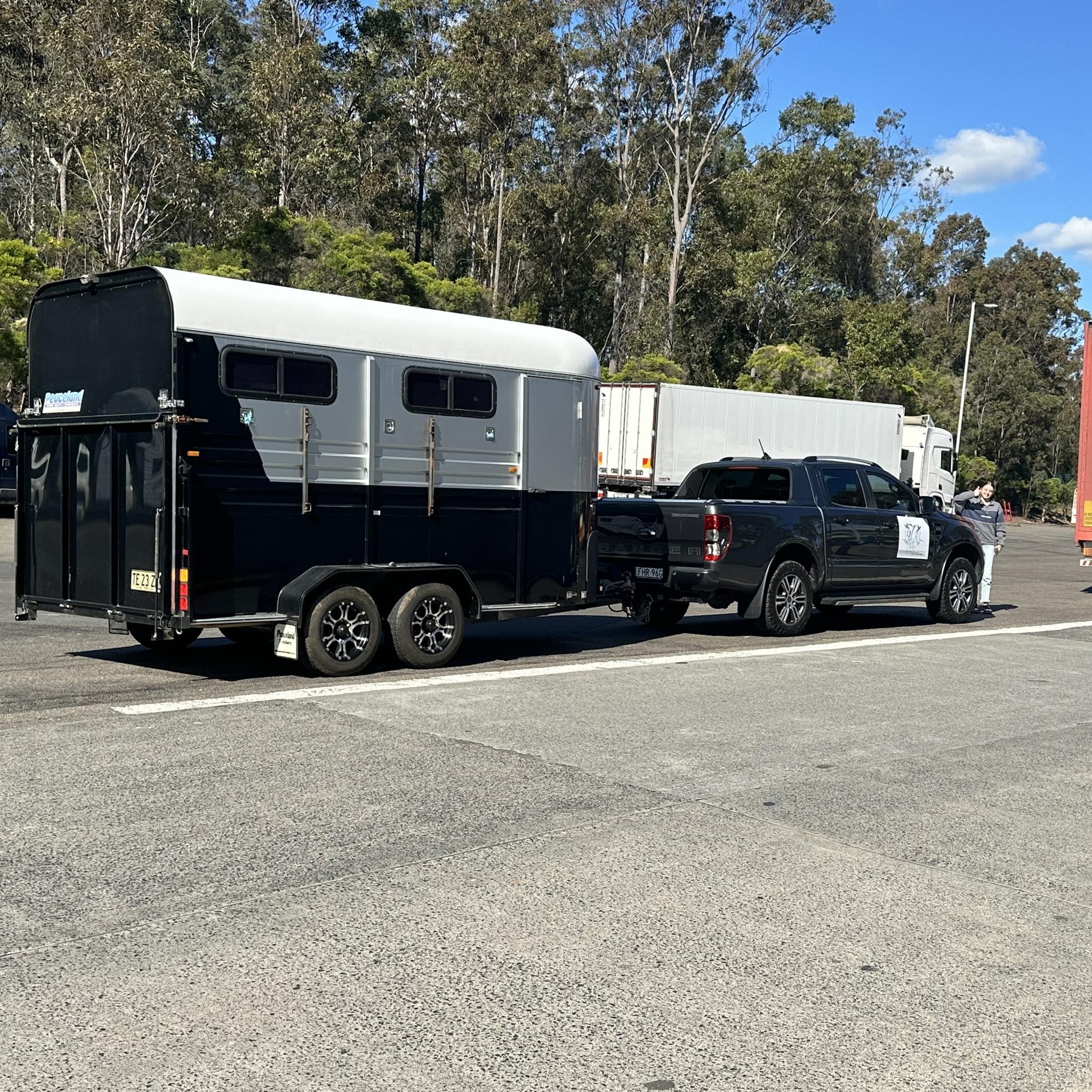 Black and white horse float hitched to a grey ute, parked beside trucks